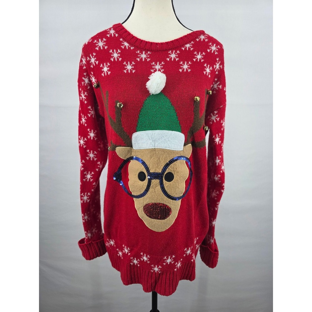 Merry Wear Reindeer Ugly Christmas Sweater Red Sequin Snowflake Bells Womens M